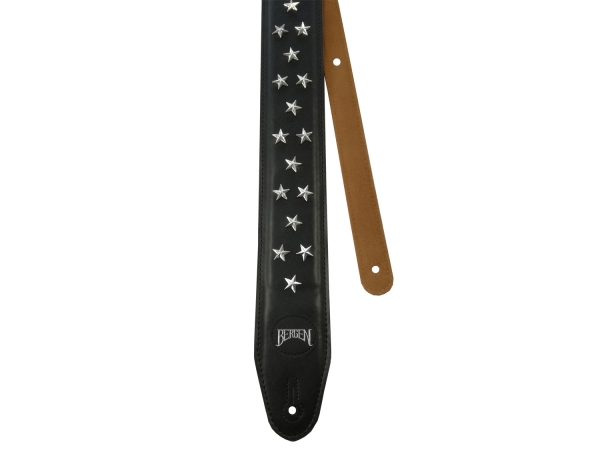 BERGEN Gitarrengurt, Kunstleder, Nieten Sternform, Farbe: schwarz, innen braunes Wildkunstleder, Länge: 100-142cm